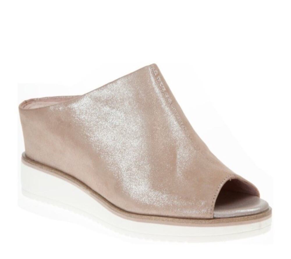 Tamaris Alis Peep Toe Leather Gold Shimmer Wedge Mule Shoe Sz EU 42 US 11
